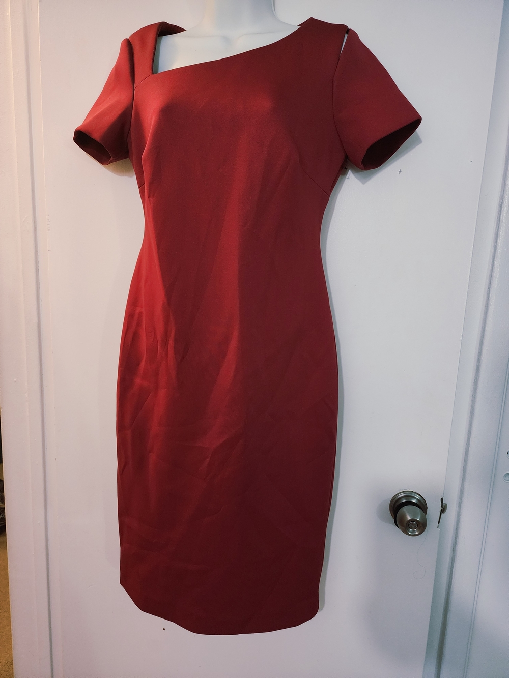 Calvin Klein One-Shoulder Short-Sleeve Sheath Dress in Burgundy